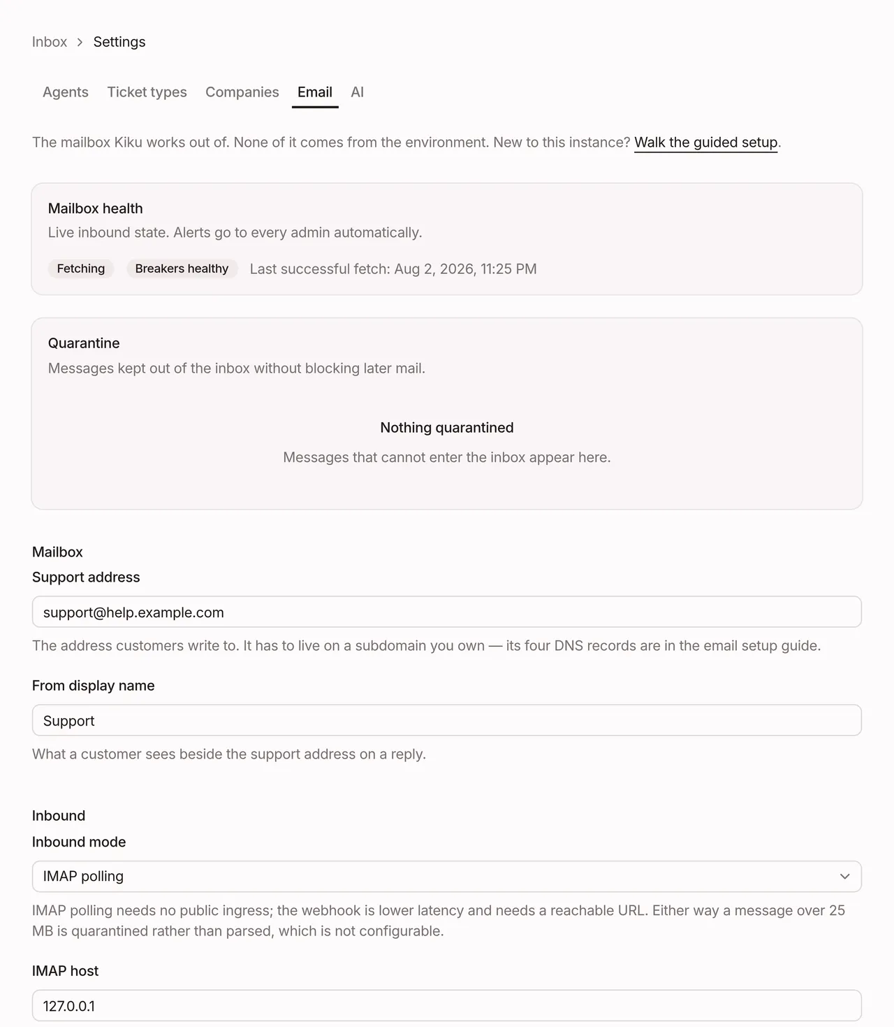Settings → Email: mailbox health, the support address, and IMAP configuration in an ordinary form.